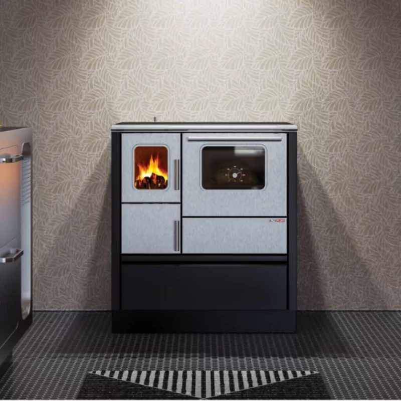 cuisiniere-a-bois-inox-75-noir.webp Cuisinière à bois AlfaPlam Inox 75 - 6 Kw – Image 1