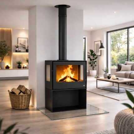 Poêle à bois 3 vitres ventilé avec range bûches BRONPI Bimba 70 3C 10 kW